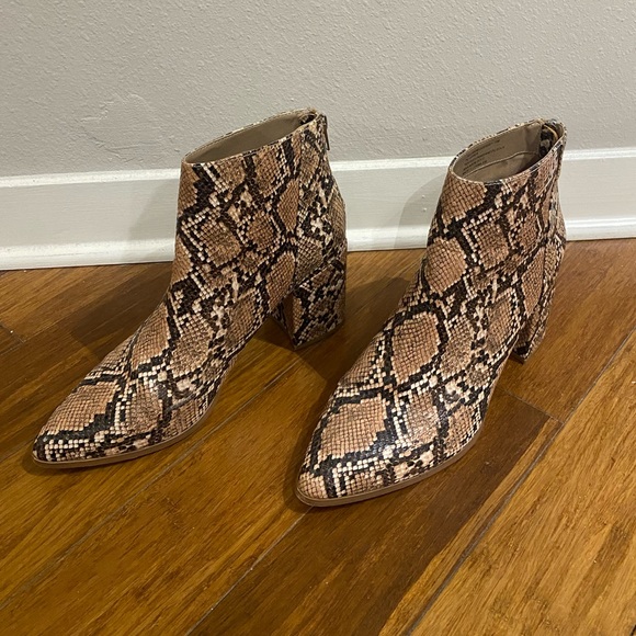 Tan Snakeskin Booties with Block Heel - Picture 2 of 7